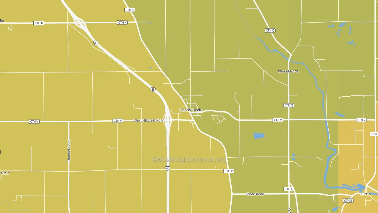 Map of the best neighborhoods in the Francis Creek area, with better matches in green and worse matches in red