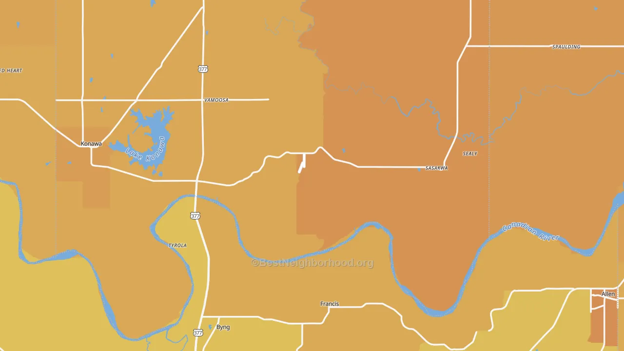 Map of the best neighborhoods in the Francis area, with better matches in green and worse matches in red
