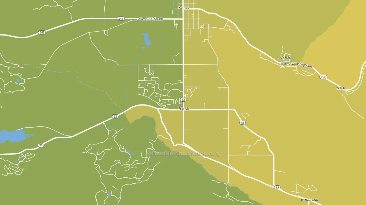 Map of the best neighborhoods in the Francis area, with better matches in green and worse matches in red