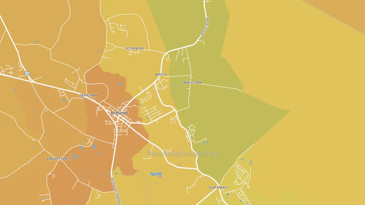 Map of the best neighborhoods in the Francktown area, with better matches in green and worse matches in red