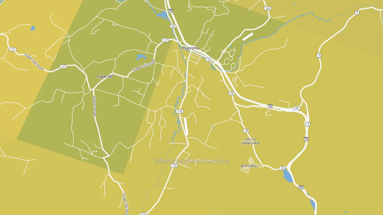 Map of the best neighborhoods in the Franconia area, with better matches in green and worse matches in red
