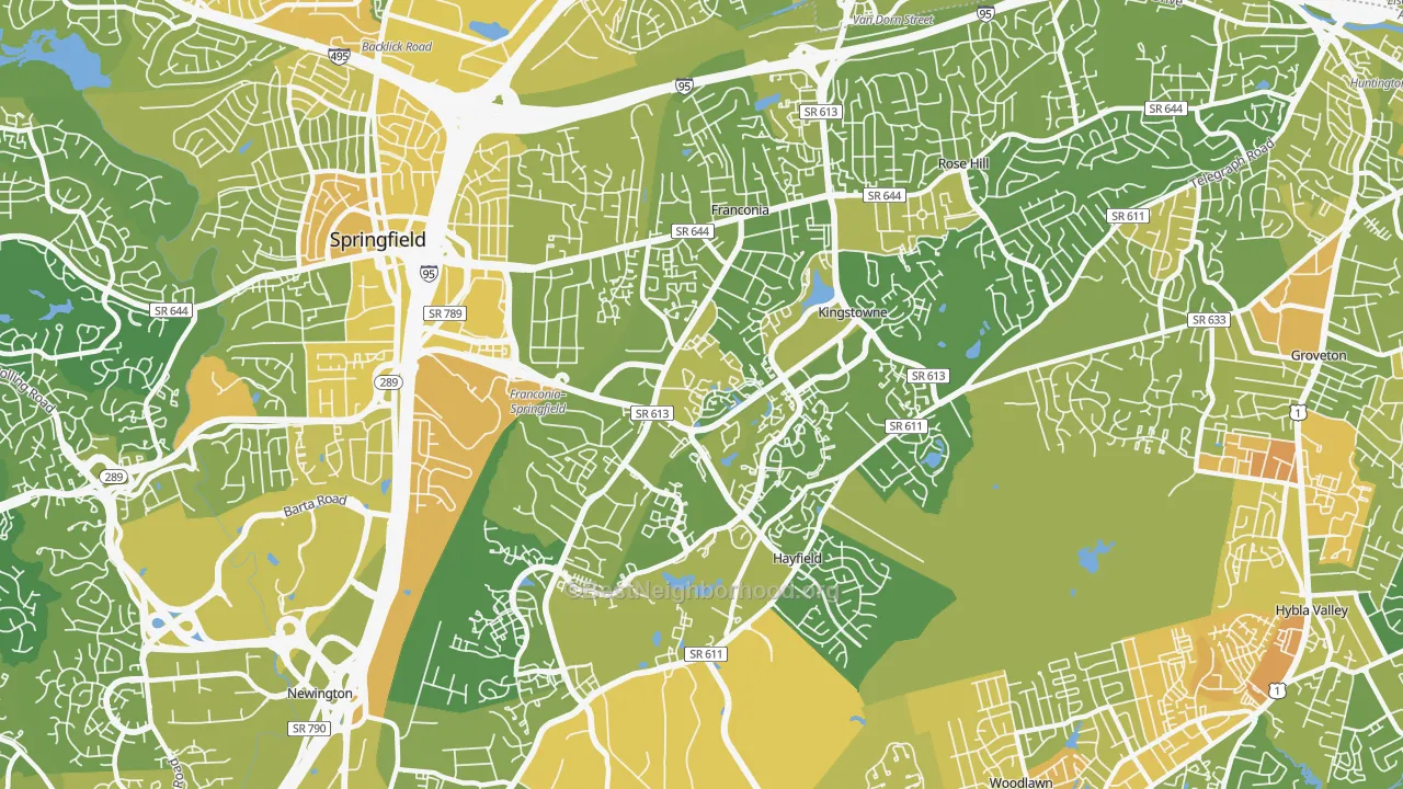 Map of the best neighborhoods in the Franconia area, with better matches in green and worse matches in red