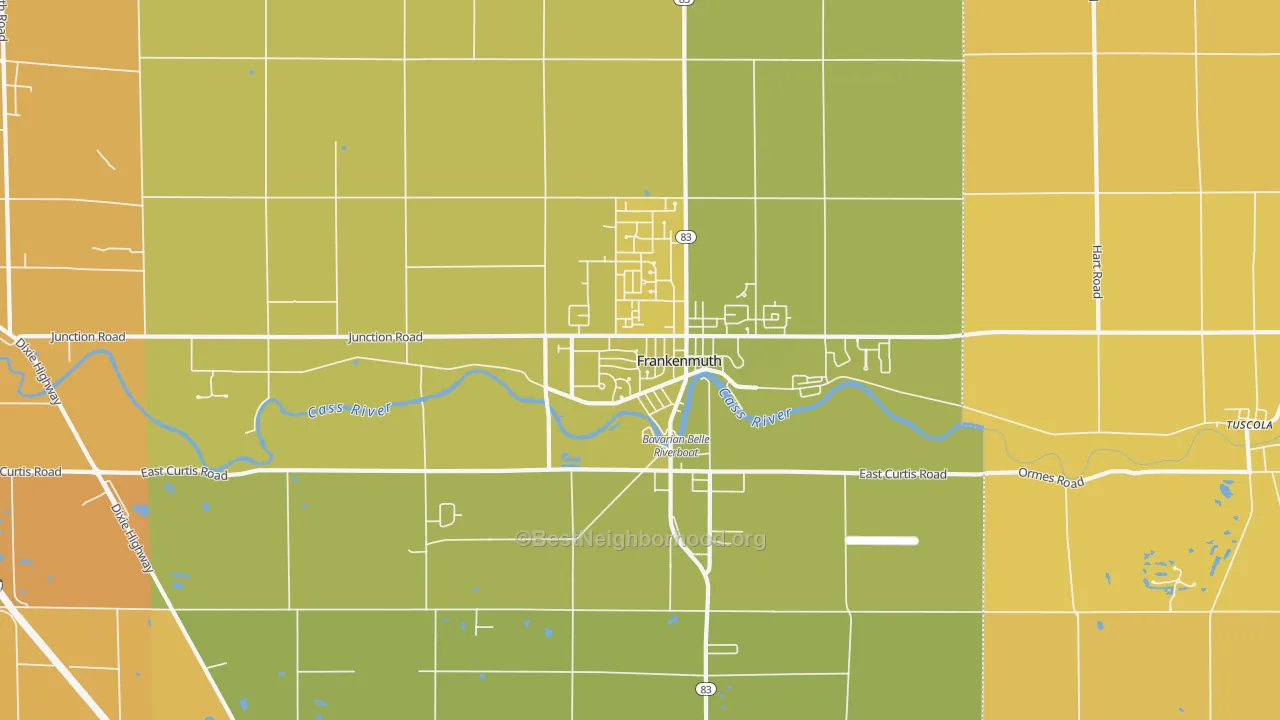 Map of the best neighborhoods in the Frankenmuth area, with better matches in green and worse matches in red