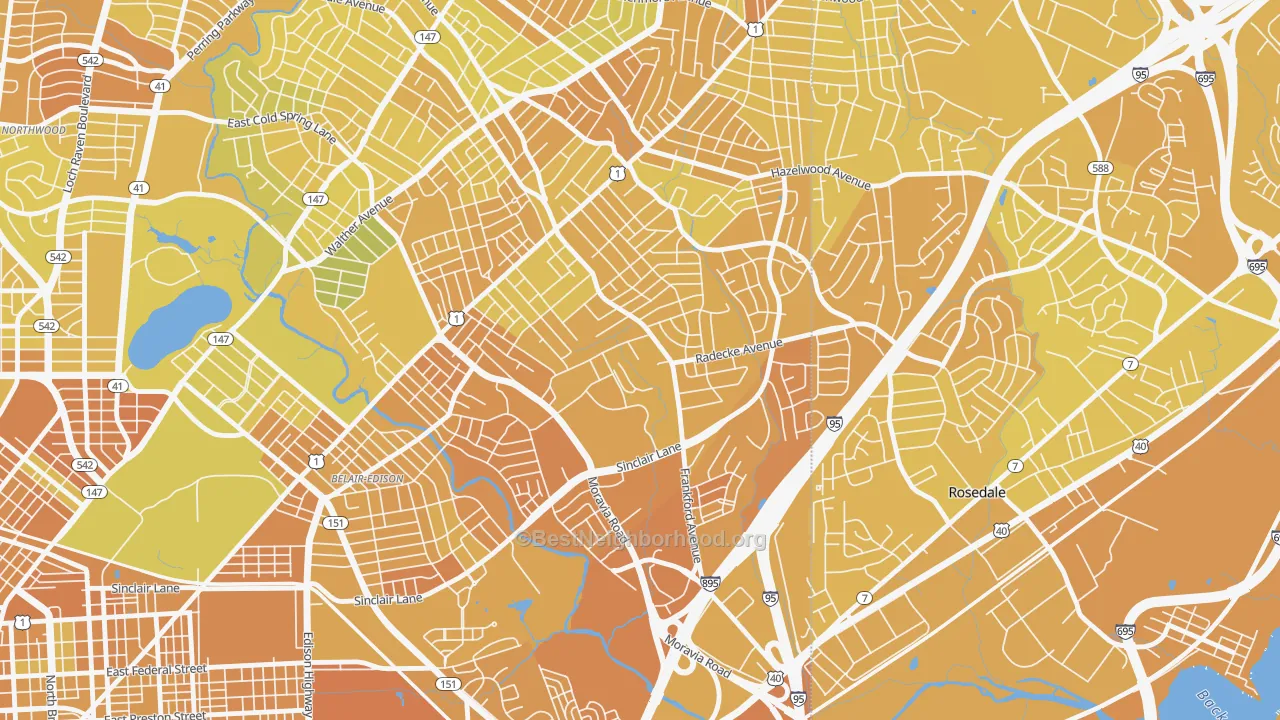 Map of the best neighborhoods in the Frankford, Baltimore area, with better matches in green and worse matches in red