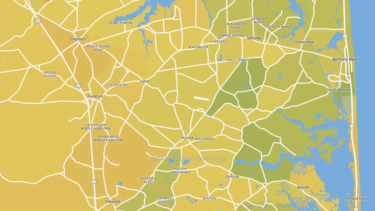 Map of the best neighborhoods in the Frankford area, with better matches in green and worse matches in red
