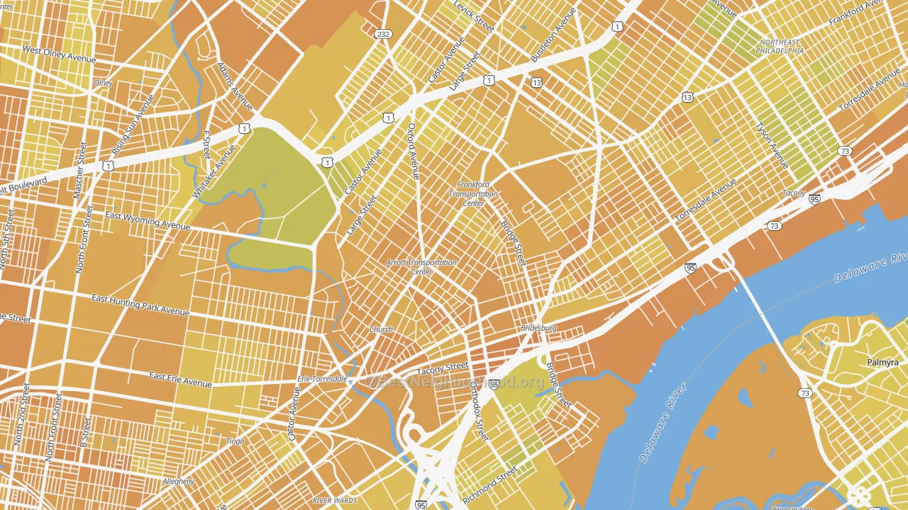Map of the best neighborhoods in the Frankford, Philadelphia area, with better matches in green and worse matches in red