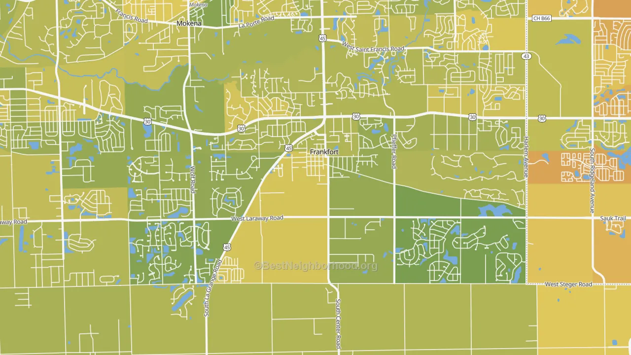 Map of the best neighborhoods in the Frankfort area, with better matches in green and worse matches in red