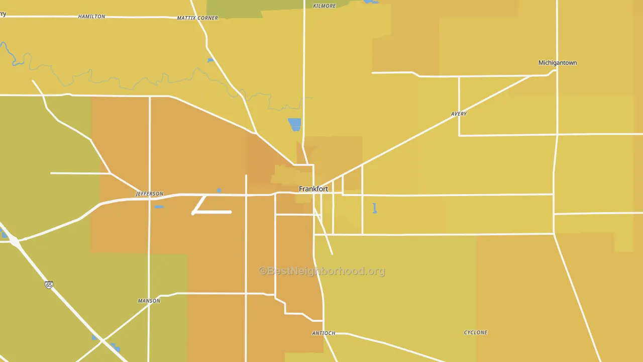 Map of the best neighborhoods in the Frankfort area, with better matches in green and worse matches in red