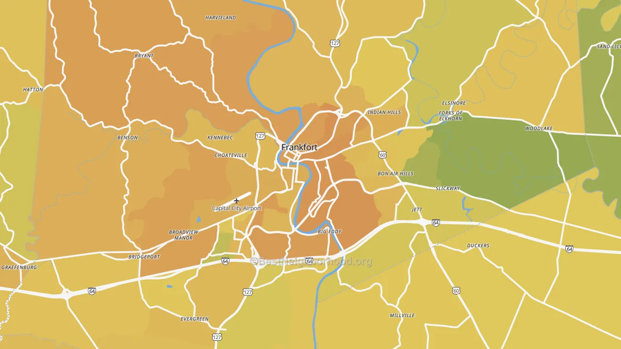 Map of the best neighborhoods in the Frankfort area, with better matches in green and worse matches in red