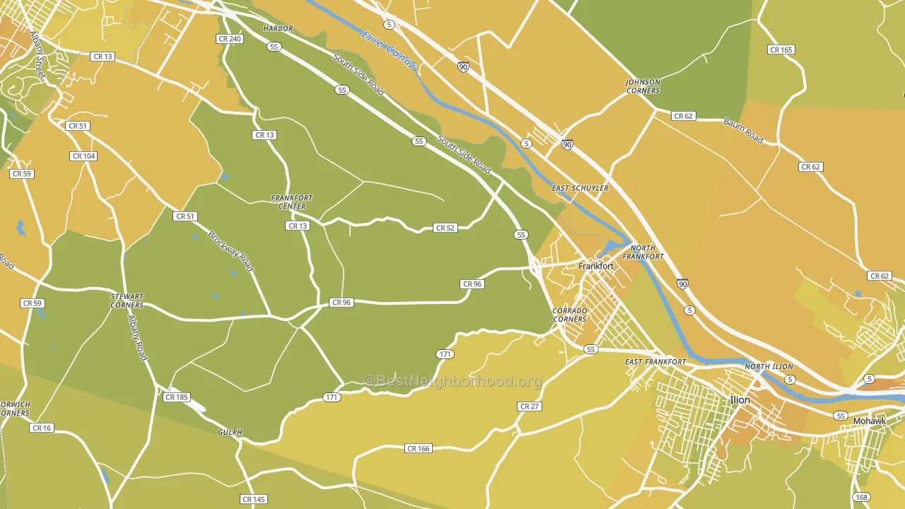 Map of the best neighborhoods in the Frankfort area, with better matches in green and worse matches in red
