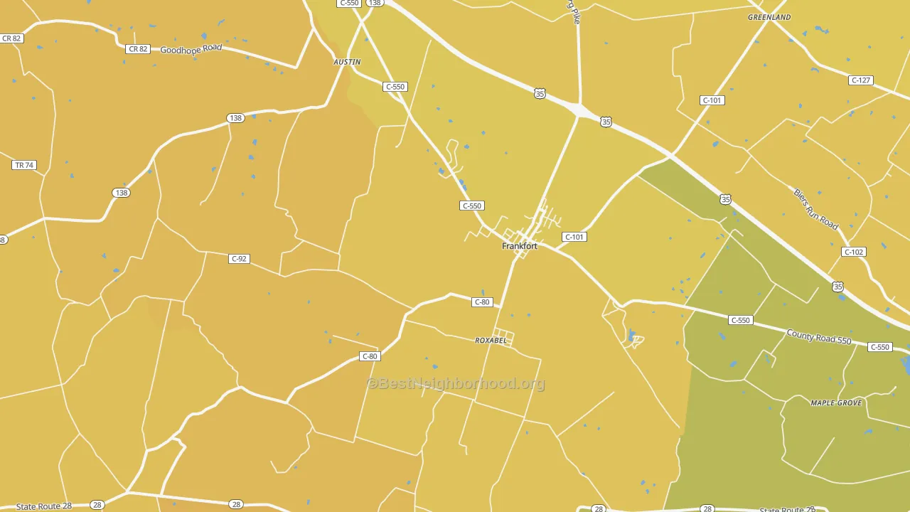 Map of the best neighborhoods in the Frankfort area, with better matches in green and worse matches in red