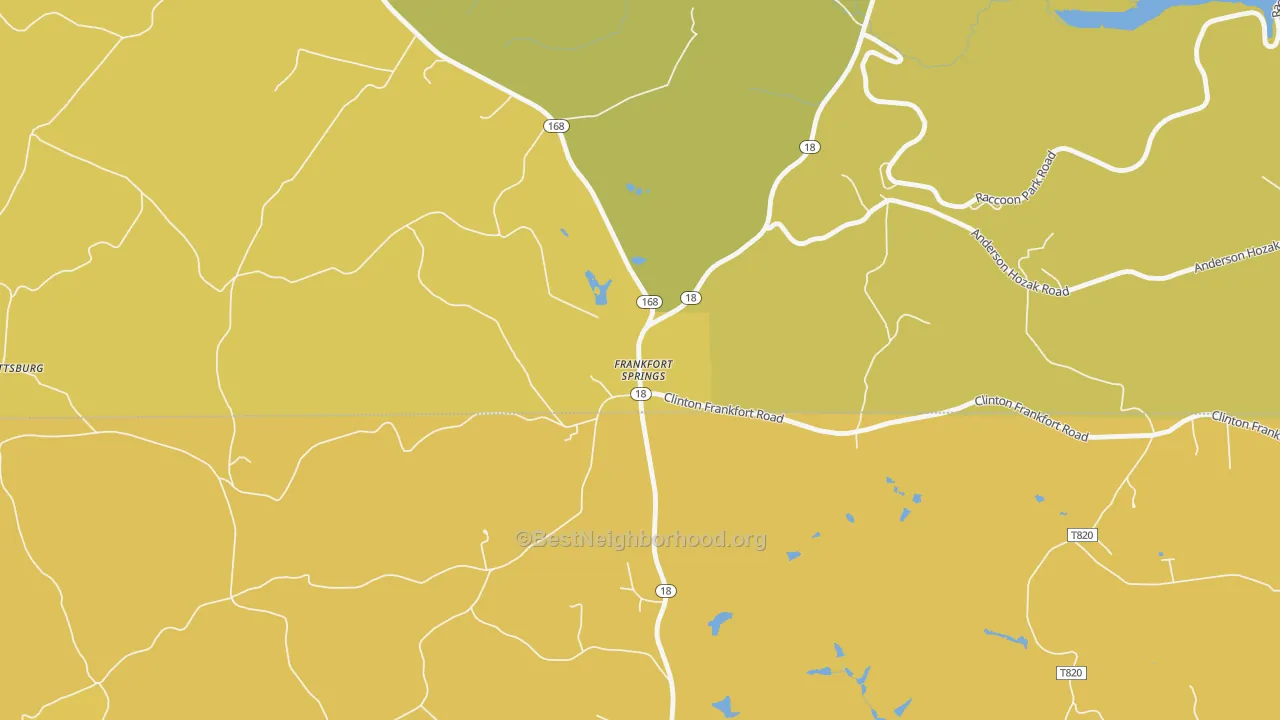 Map of the best neighborhoods in the Frankfort Springs area, with better matches in green and worse matches in red