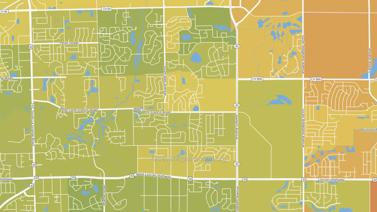 Map of the best neighborhoods in the Frankfort Square area, with better matches in green and worse matches in red
