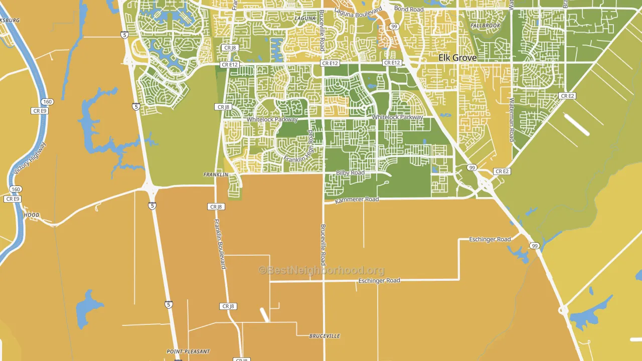 Map of the best neighborhoods in the Franklin area, with better matches in green and worse matches in red