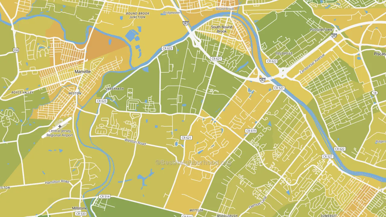 Map of the best neighborhoods in the Franklin Center area, with better matches in green and worse matches in red
