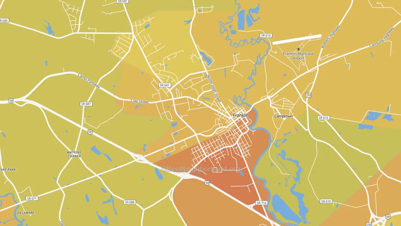 Map of the best neighborhoods in the Franklin City area, with better matches in green and worse matches in red