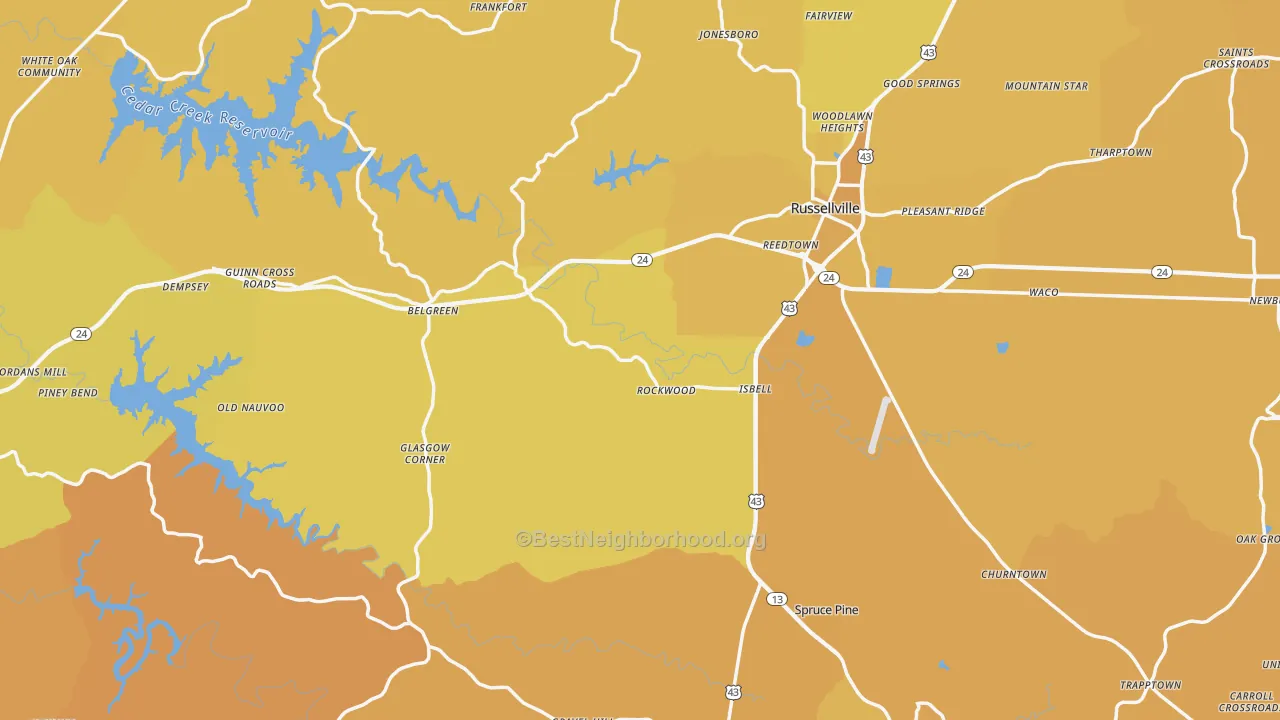 Map of the best neighborhoods in the Franklin County area, with better matches in green and worse matches in red