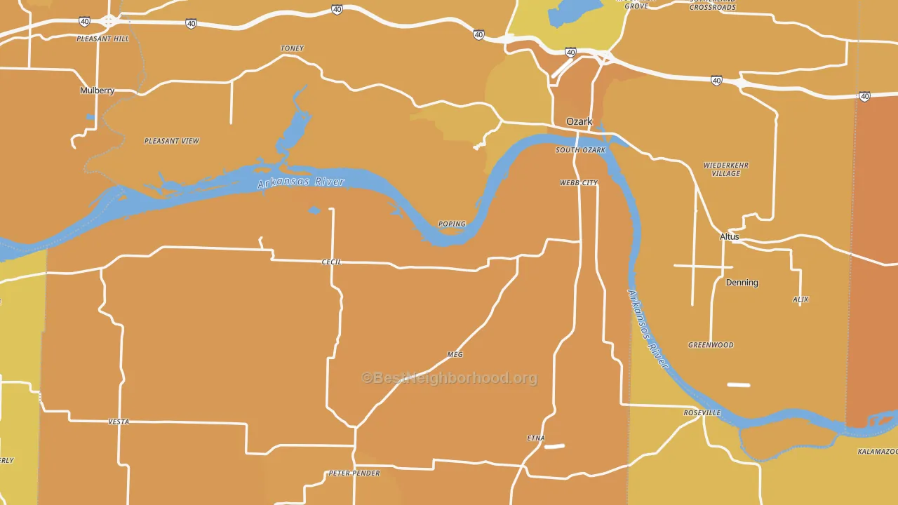 Map of the best neighborhoods in the Franklin County area, with better matches in green and worse matches in red