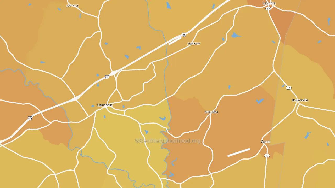 Map of the best neighborhoods in the Franklin County area, with better matches in green and worse matches in red
