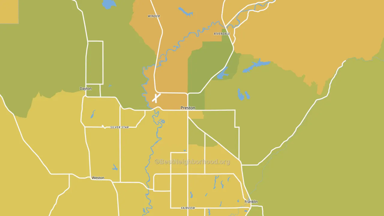 Map of the best neighborhoods in the Franklin County area, with better matches in green and worse matches in red
