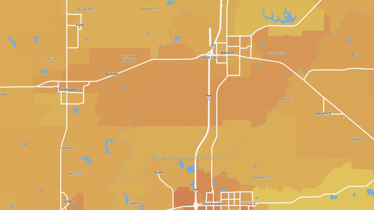 Map of the best neighborhoods in the Franklin County area, with better matches in green and worse matches in red