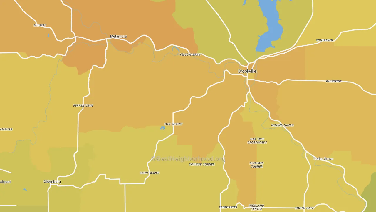 Map of the best neighborhoods in the Franklin County area, with better matches in green and worse matches in red