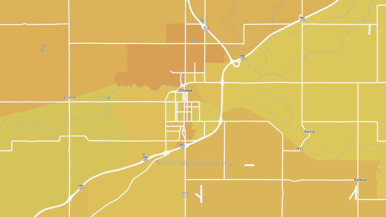 Map of the best neighborhoods in the Franklin County area, with better matches in green and worse matches in red