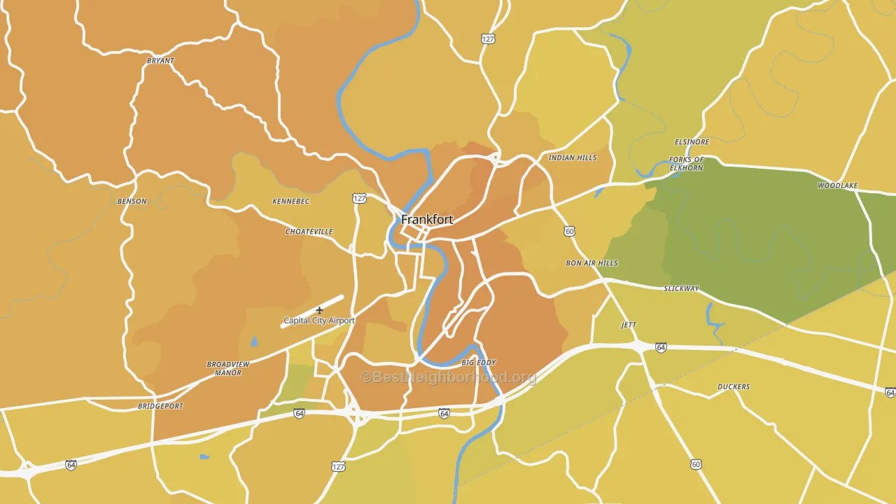 Map of the best neighborhoods in the Franklin County area, with better matches in green and worse matches in red