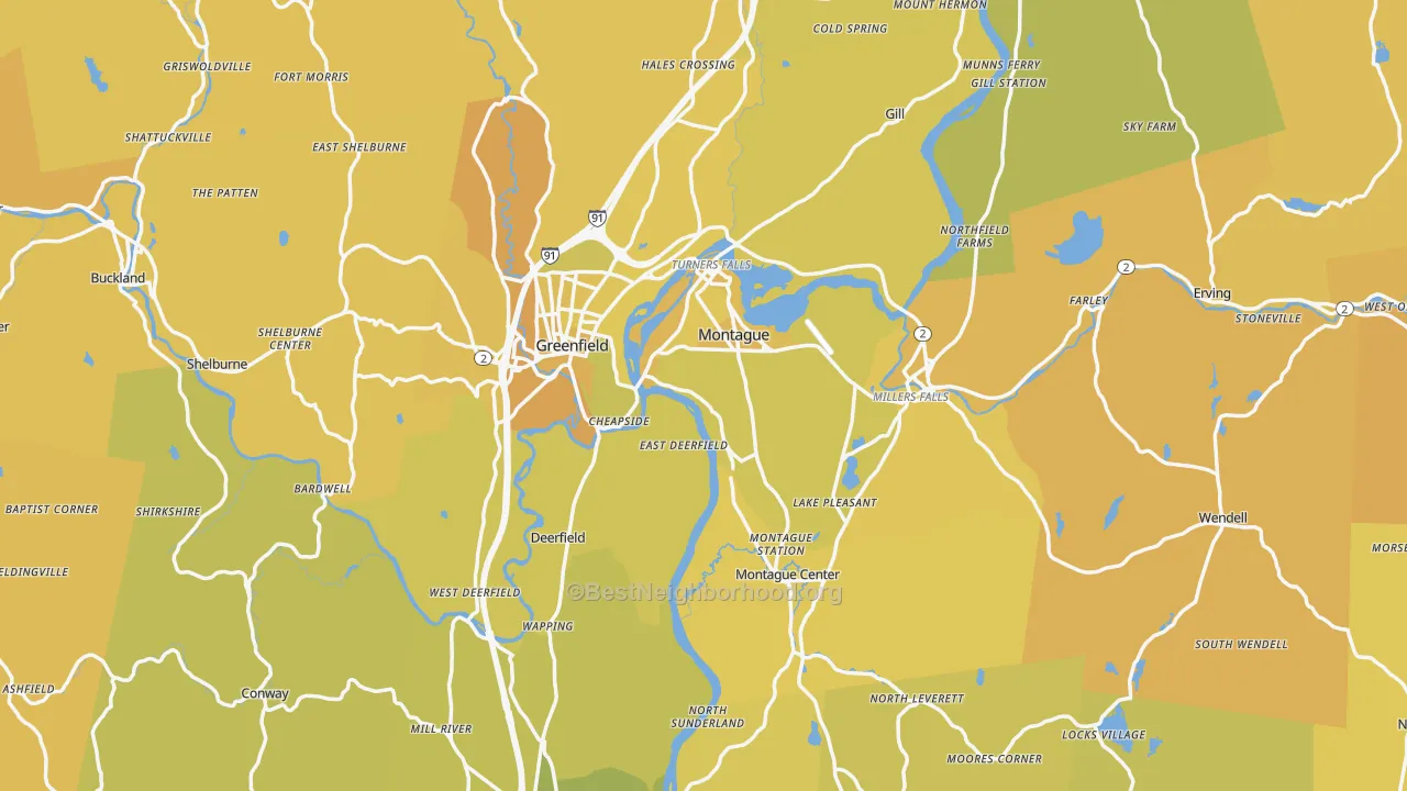 Map of the best neighborhoods in the Franklin County area, with better matches in green and worse matches in red