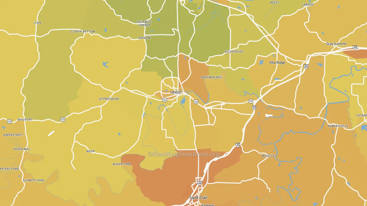 Map of the best neighborhoods in the Franklin County area, with better matches in green and worse matches in red