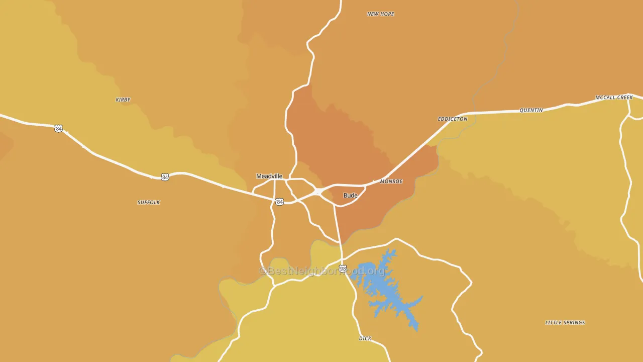 Map of the best neighborhoods in the Franklin County area, with better matches in green and worse matches in red