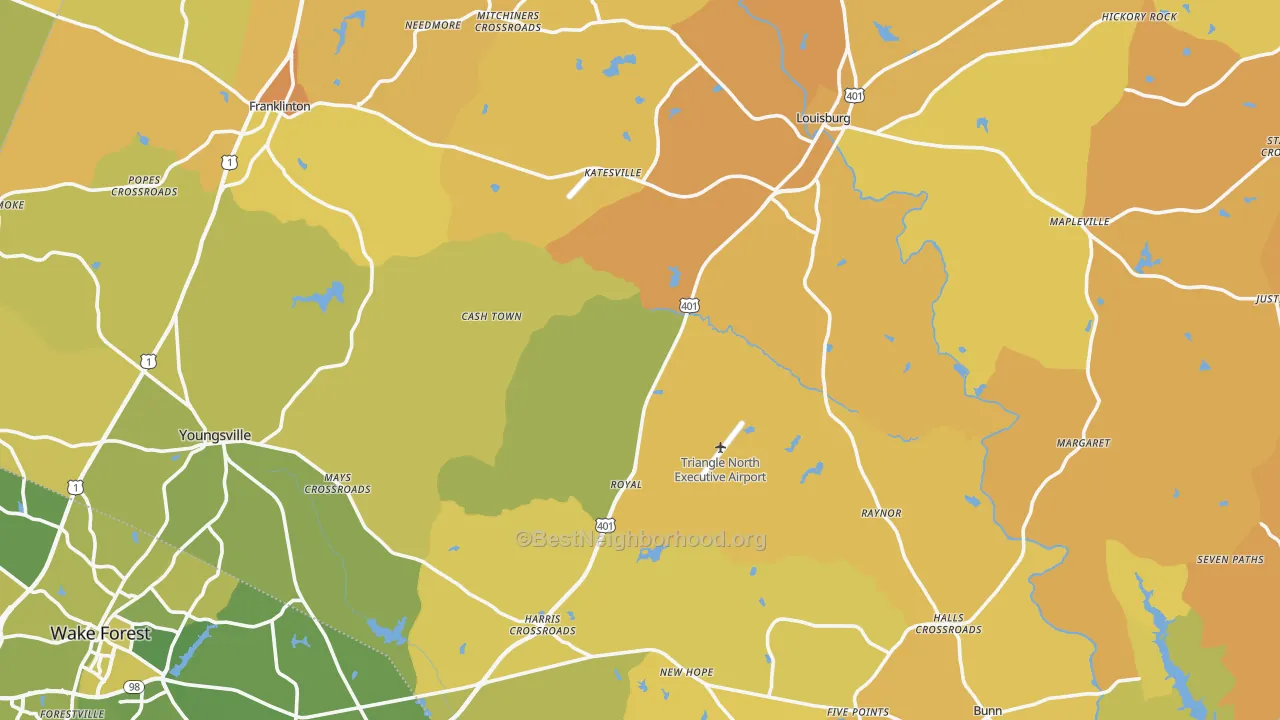 Map of the best neighborhoods in the Franklin County area, with better matches in green and worse matches in red