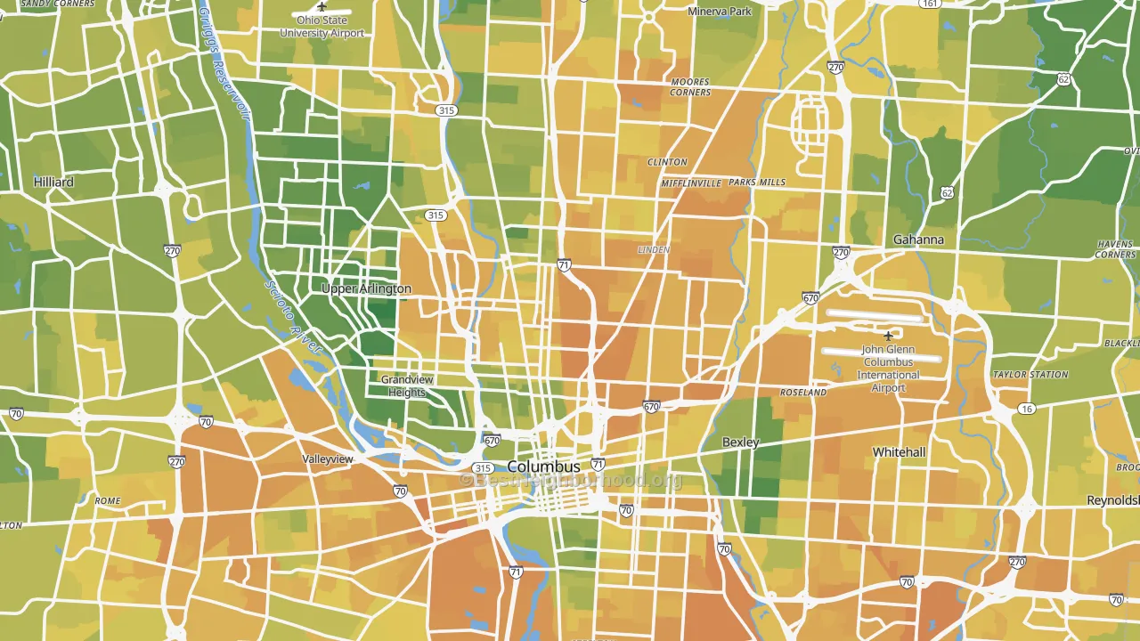 Map of the best neighborhoods in the Franklin County area, with better matches in green and worse matches in red