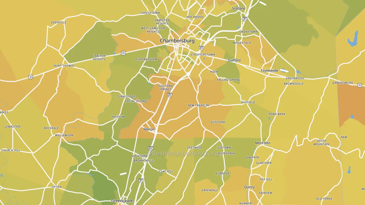Map of the best neighborhoods in the Franklin County area, with better matches in green and worse matches in red