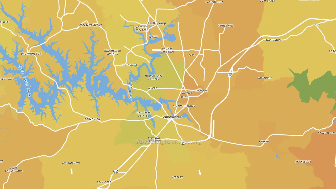 Map of the best neighborhoods in the Franklin County area, with better matches in green and worse matches in red