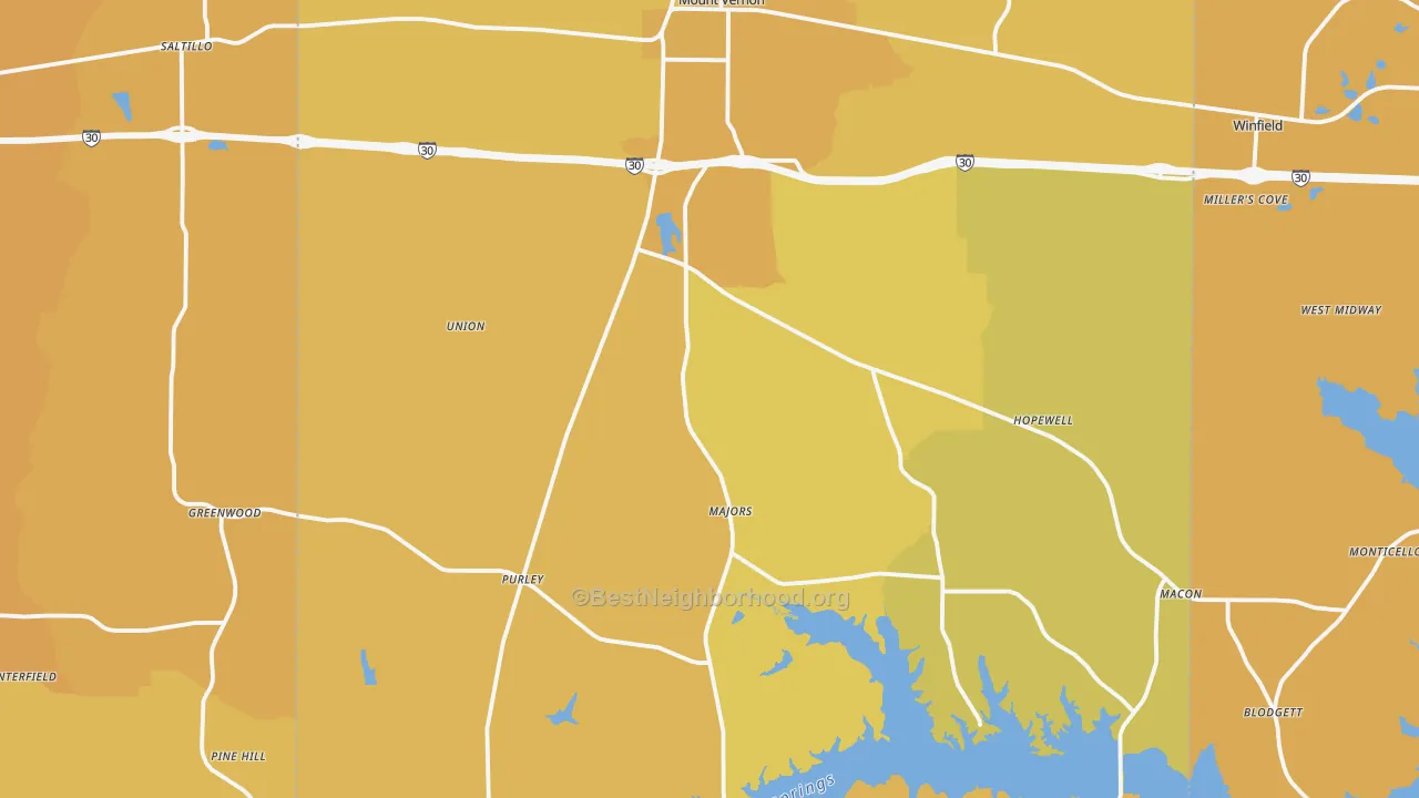 Map of the best neighborhoods in the Franklin County area, with better matches in green and worse matches in red