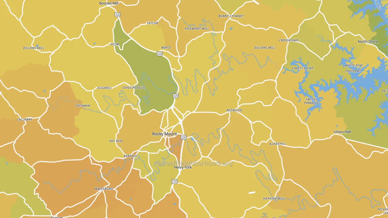 Map of the best neighborhoods in the Franklin County area, with better matches in green and worse matches in red