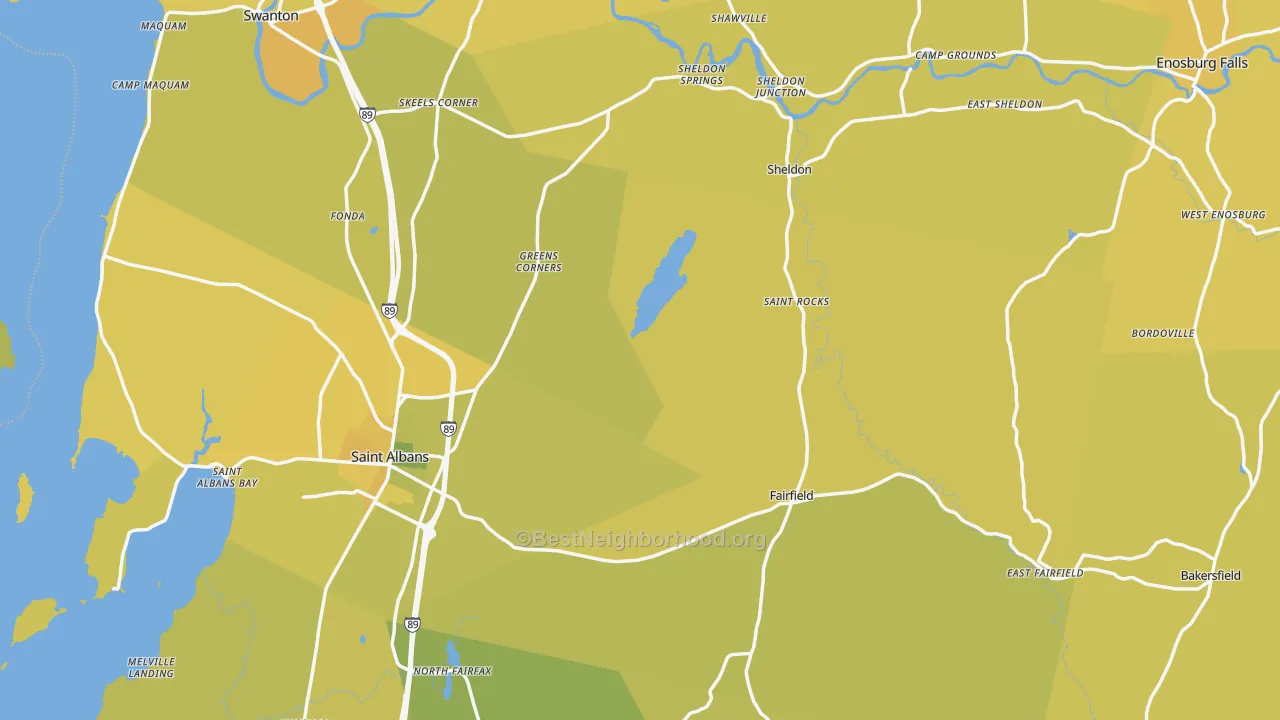 Map of the best neighborhoods in the Franklin County area, with better matches in green and worse matches in red