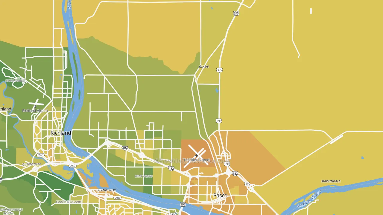 Map of the best neighborhoods in the Franklin County area, with better matches in green and worse matches in red