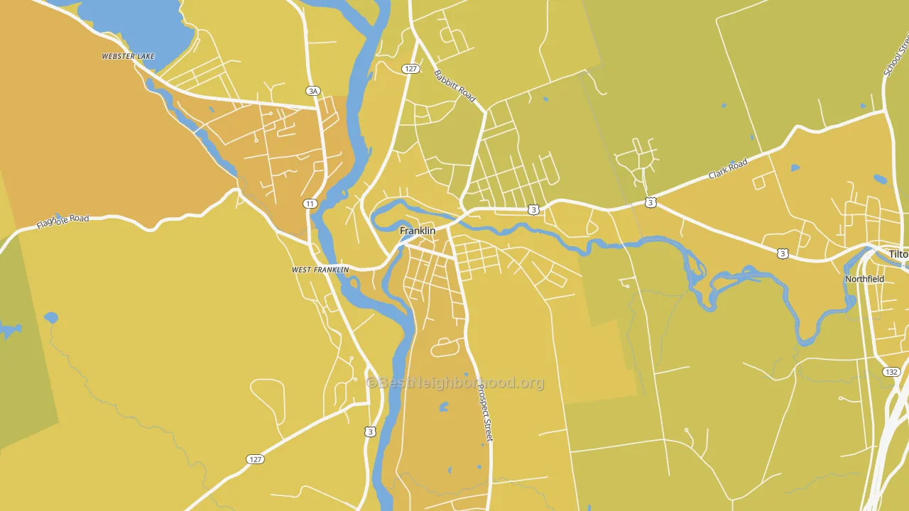 Map of the best neighborhoods in the Franklin Falls, Franklin area, with better matches in green and worse matches in red