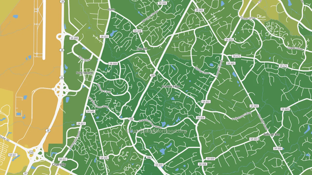 Map of the best neighborhoods in the Franklin Farm area, with better matches in green and worse matches in red