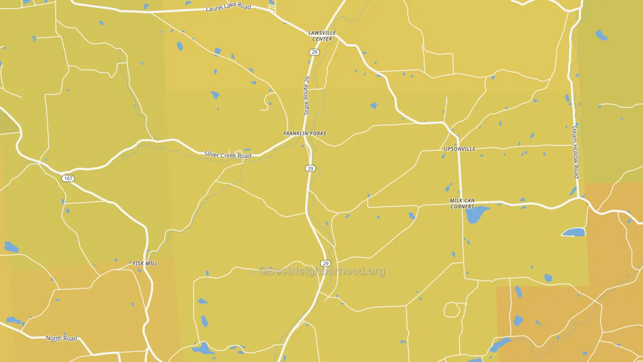 Map of the best neighborhoods in the Franklin Forks area, with better matches in green and worse matches in red