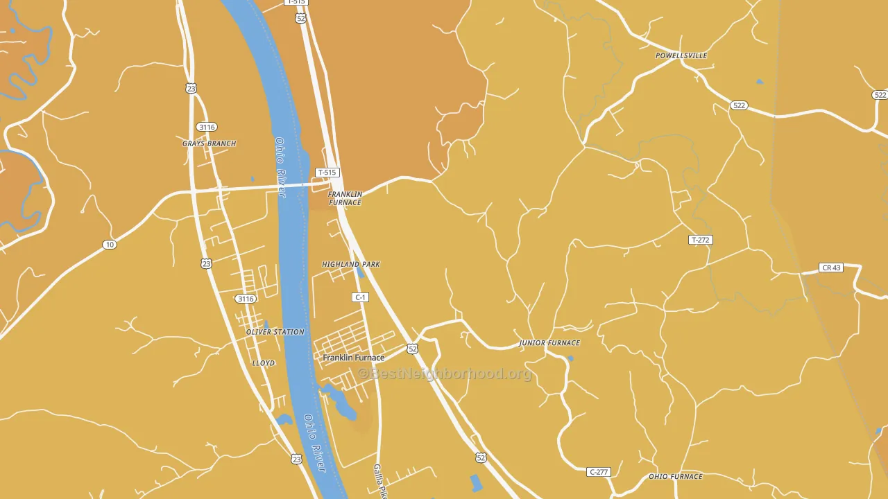 Map of the best neighborhoods in the Franklin Furnace area, with better matches in green and worse matches in red