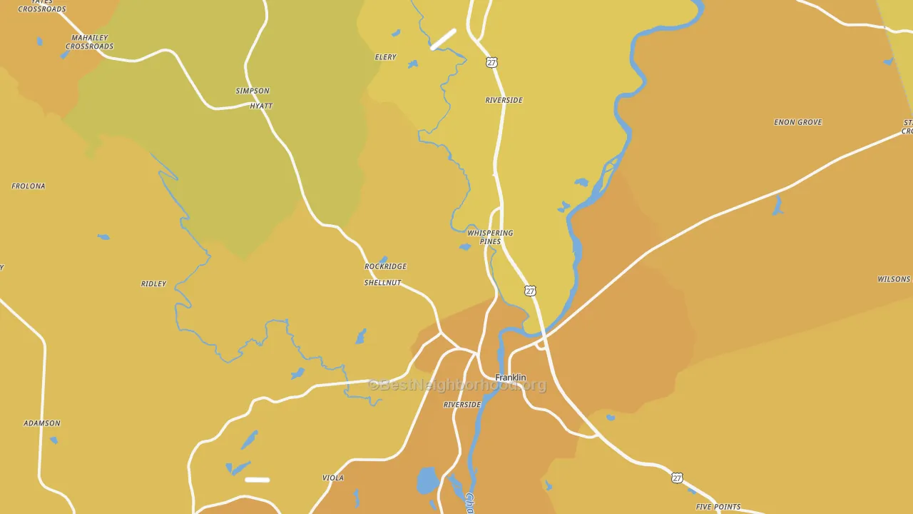 Map of the best neighborhoods in the Franklin area, with better matches in green and worse matches in red