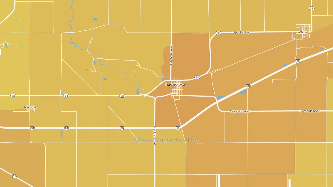 Map of the best neighborhoods in the Franklin Grove area, with better matches in green and worse matches in red