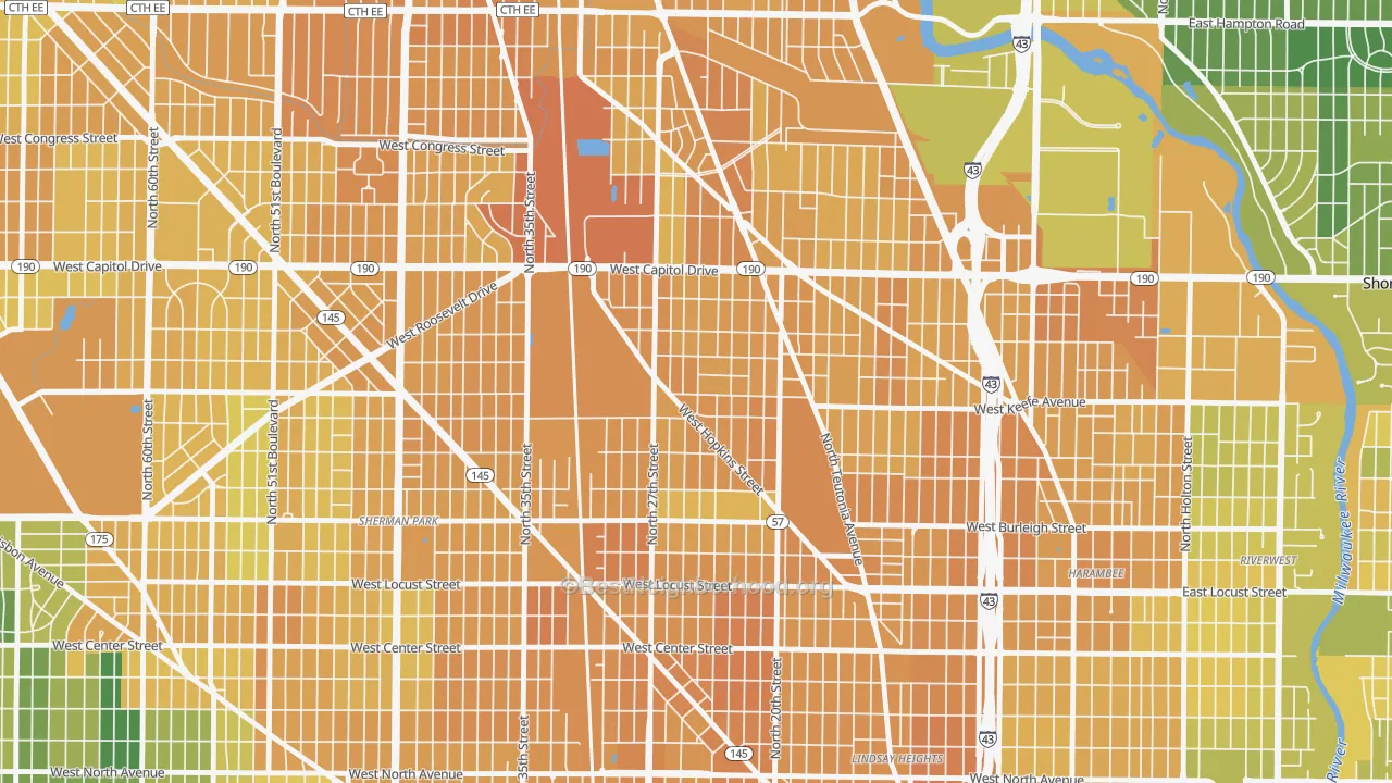 Map of the best neighborhoods in the Franklin Heights, Milwaukee area, with better matches in green and worse matches in red