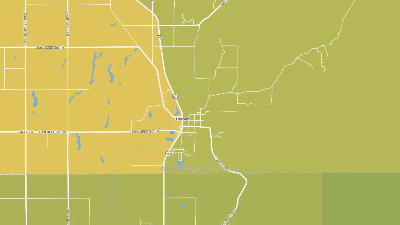 Map of the best neighborhoods in the Franklin area, with better matches in green and worse matches in red