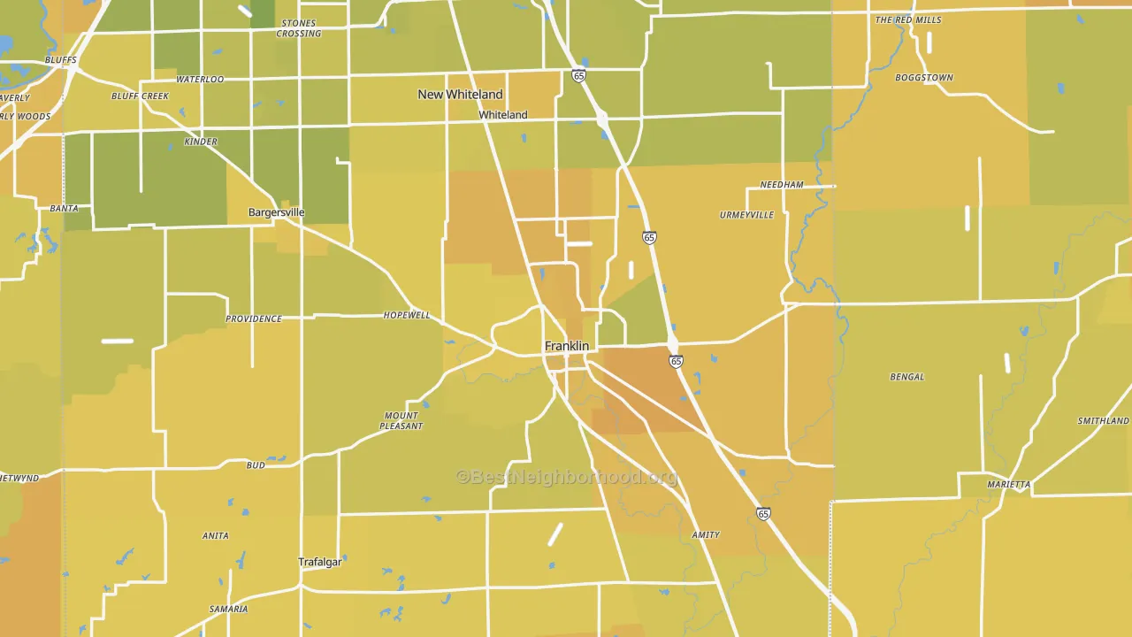 Map of the best neighborhoods in the Franklin area, with better matches in green and worse matches in red