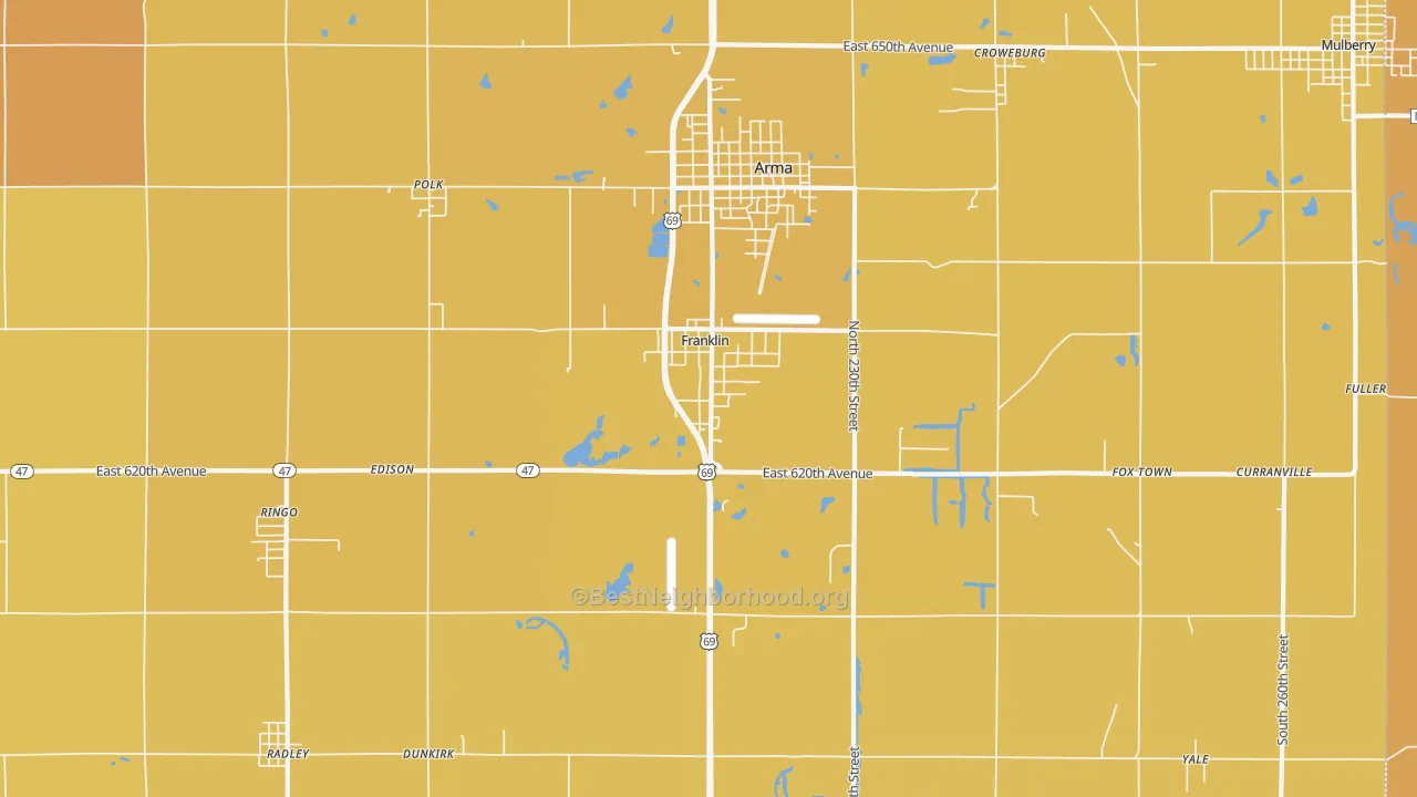 Map of the best neighborhoods in the Franklin area, with better matches in green and worse matches in red