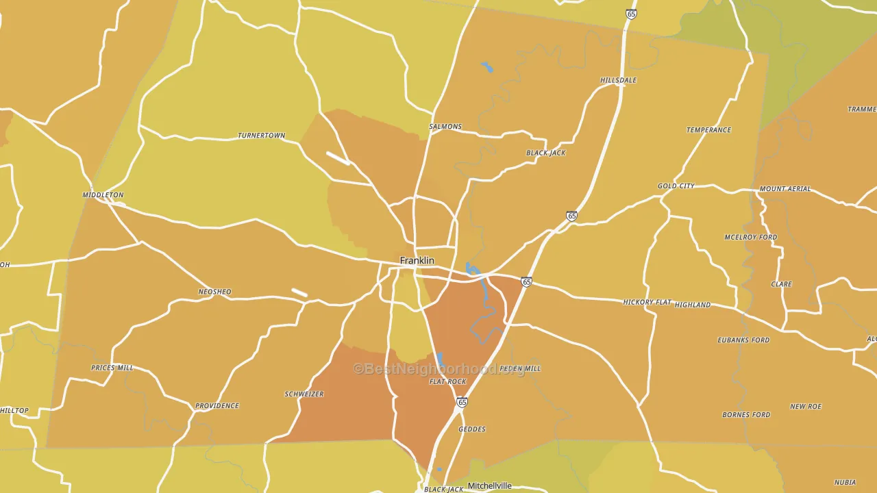 Map of the best neighborhoods in the Franklin area, with better matches in green and worse matches in red